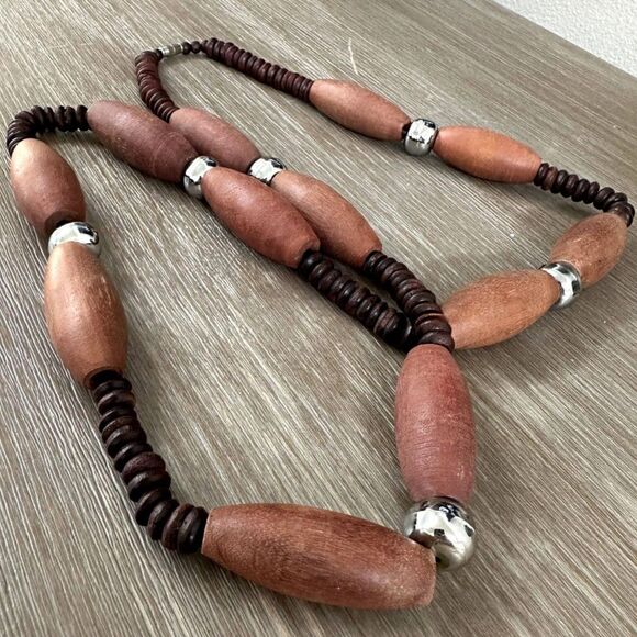 Vintage 70s Long Wooden Bead Necklace | 40” with Silver Tone Spacers - Picture 4 of 6